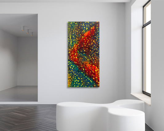 Paris Rain - Abstract Art Print - Deep Teal with Red Accents & Speckles of Yellow