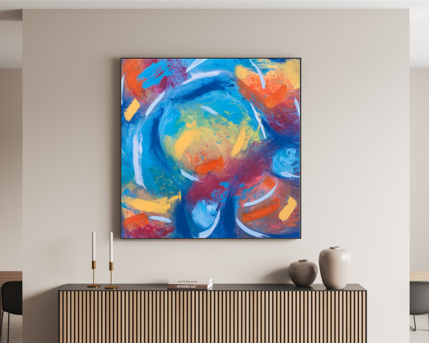 Peculiar Populace - Square Abstract Art Print - Blue And Orange